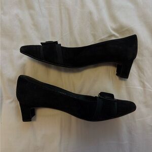 Black Suede Low Heel Women’s Pumps with Buckle